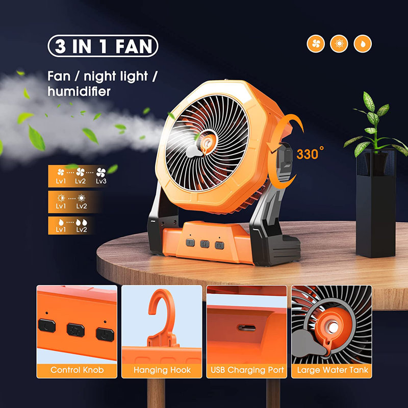 CG INTERNATIONAL TRADING 2023 Upgraded Misting Fan Camping Fan With LED Light 250Ml Water Tank 10000Mah Battery Operated Rechargeable Portable Fan Outdoor Fan With Light Hook USB Fan For Bedroom Table